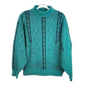 Vintage Hoopla Sweater Knit Acrylic Geometric Green-Teal Black Size M 80s 90s